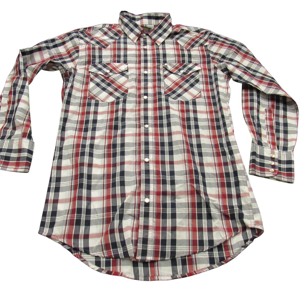 High Noon‎ Mens Red White Blue Plaid Western Pearl Snap Shirt Small Regular A299